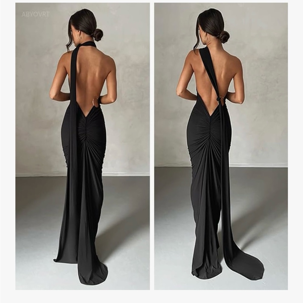 Elegant Black One-Shoulder Open Back Dress with Ring Detail
